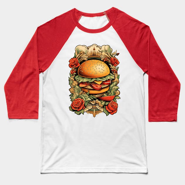 Hamburger Tattoo Baseball T-Shirt by JunkyDotCom